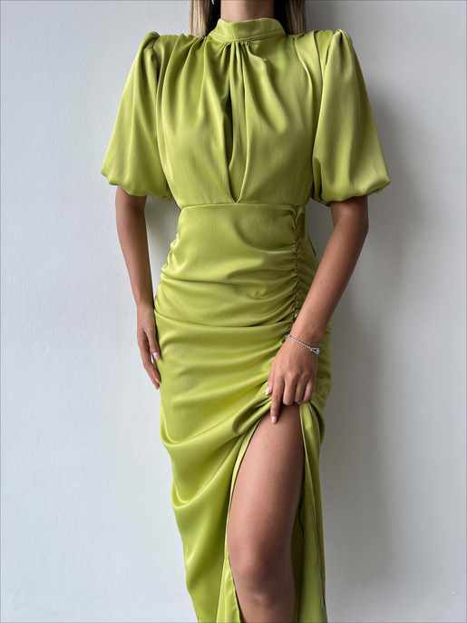 Kısa Kol Saten Önden Yırtmaçlı Drape Gage Kadın Yağ Yeşili Elbise 22K000431