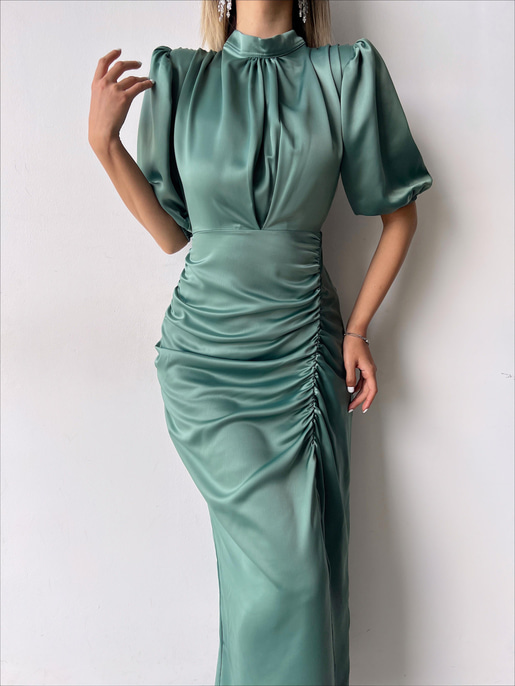 Kısa Kol Saten Önden Yırtmaçlı Drape Gage Kadın Mint Elbise 22K000431