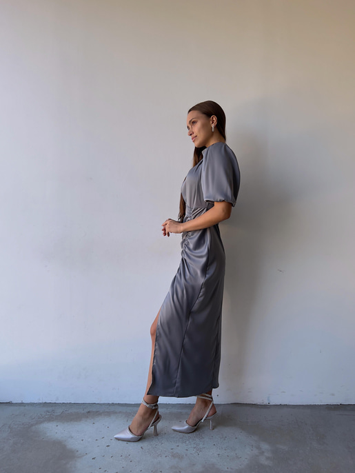 Kısa Kol Saten Önden Yırtmaçlı Drape Gage Kadın Gri Elbise 22K000431