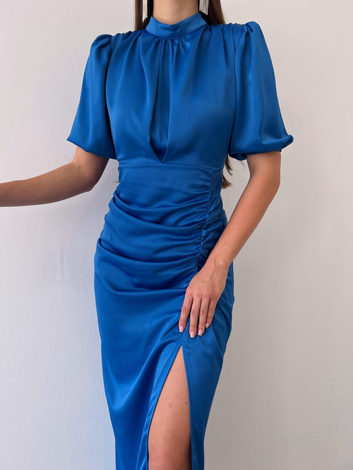 Kısa Kol Saten Önden Yırtmaçlı Drape Gage Kadın Saks Elbise 22K000431