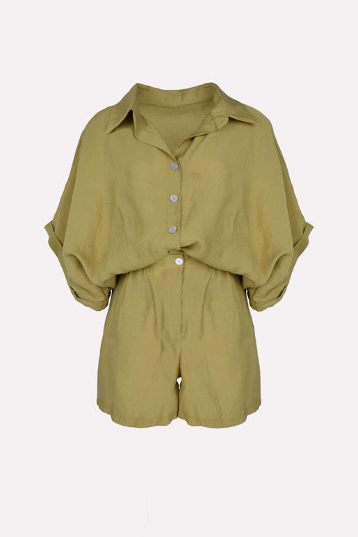 Kolları Bol Kesim Gömlek Yüksek Bel Pens Detaylı Şort Modal Yeşil Kadın Takım 25Y427