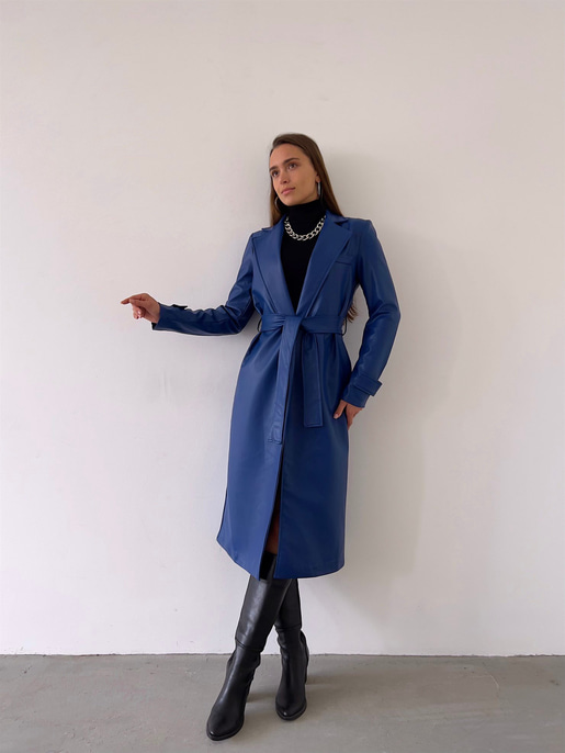 Kolları Kemer Görünümlü Beli Kemerli Adali Kadın Saks Vegan Deri Kaban 23K000015