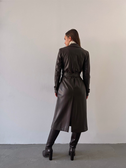 Kolları Kemer Görünümlü Beli Kemerli Adali Kadın Kahve Vegan Deri Kaban 23K000015