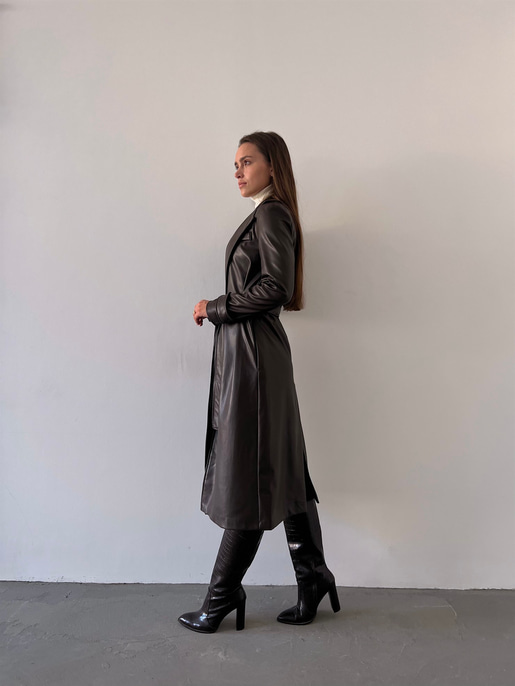 Kolları Kemer Görünümlü Beli Kemerli Adali Kadın Kahve Vegan Deri Kaban 23K000015