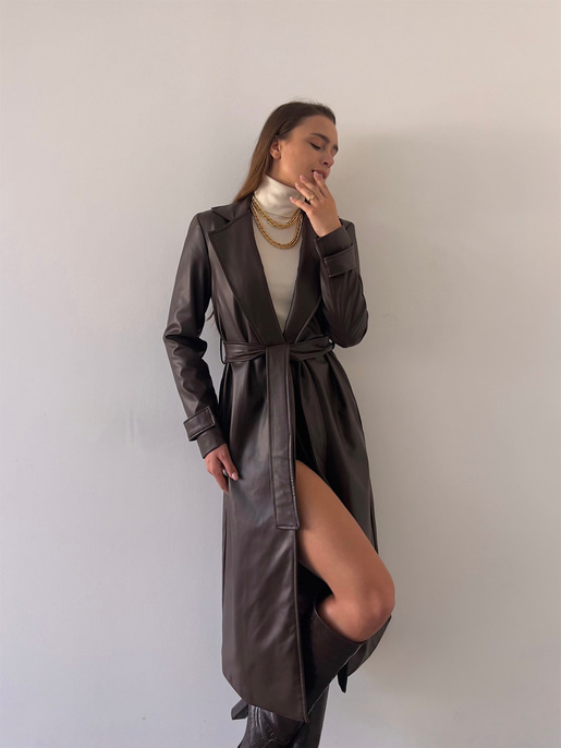 Kolları Kemer Görünümlü Beli Kemerli Adali Kadın Kahve Vegan Deri Kaban 23K000015