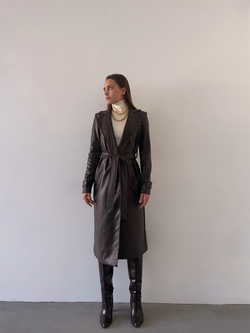 Kolları Kemer Görünümlü Beli Kemerli Adali Kadın Kahve Vegan Deri Kaban 23K000015