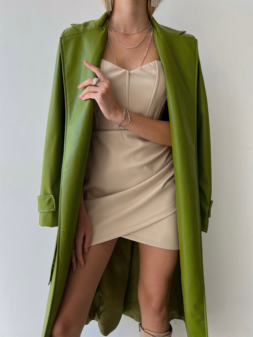 Kolları Kemer Görünümlü Beli Kemerli Adali Kadın Yeşil Vegan Deri Kaban 23K000015