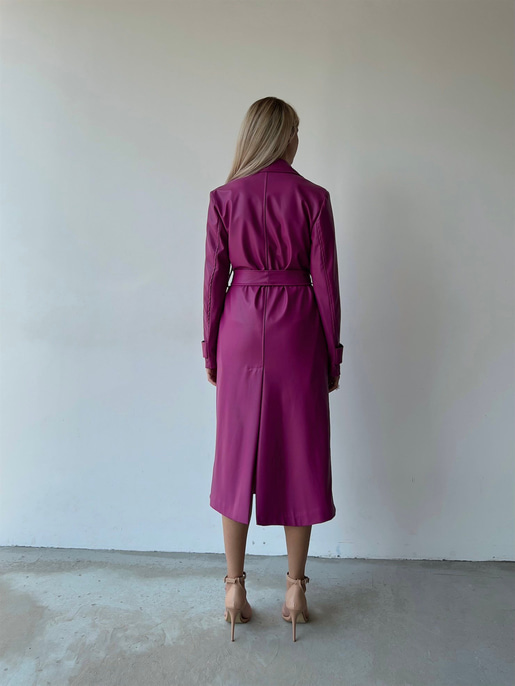 Kolları Kemer Görünümlü Beli Kemerli Adali Kadın Fuşya Vegan Deri Kaban 23K000015