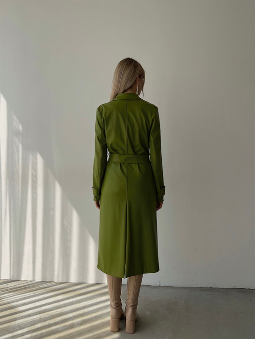 Kolları Kemer Görünümlü Beli Kemerli Adali Kadın Yeşil Vegan Deri Kaban 23K000015