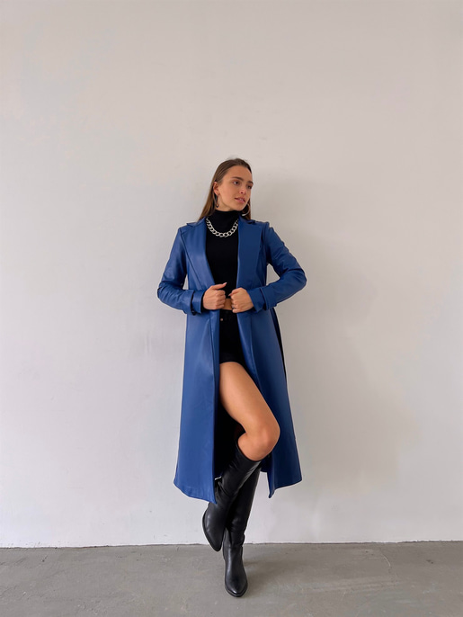 Kolları Kemer Görünümlü Beli Kemerli Adali Kadın Saks Vegan Deri Kaban 23K000015