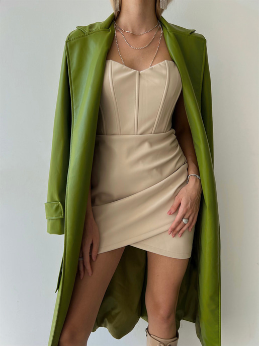 Kolları Kemer Görünümlü Beli Kemerli Adali Kadın Yeşil Vegan Deri Kaban 23K000015