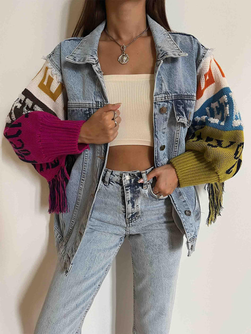 Kolları Örme Kumaş Püskül Detaylı Lolano Kadın Denim Mavi Ceket 24k000062