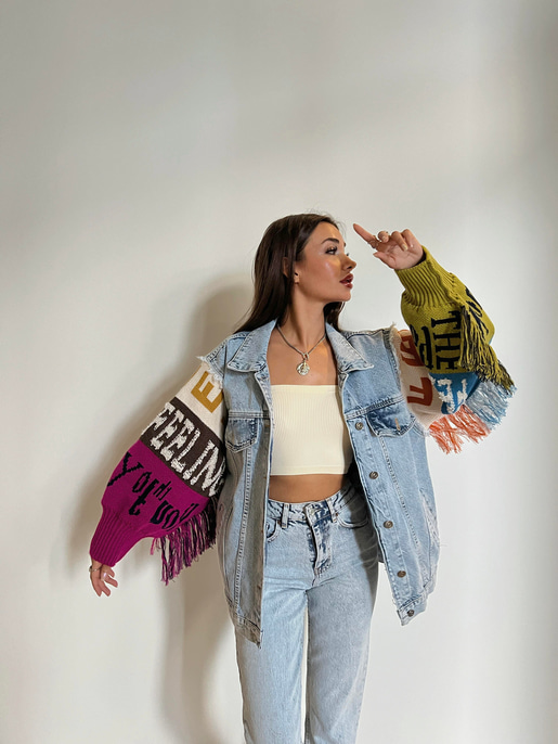 Kolları Örme Kumaş Püskül Detaylı Lolano Kadın Denim Mavi Ceket 24k000062