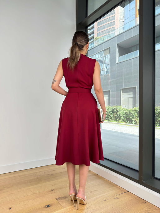 Kolsuz Beli Kemerli Ovın Bordo Kadın Midi Elbise 25Y120