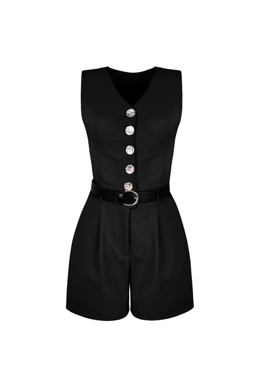 Kolsuz Düğme Kapamalı Beli Kemerli Pens Detaylı Preper Siyah Kadın Şort Tulum 25Y215