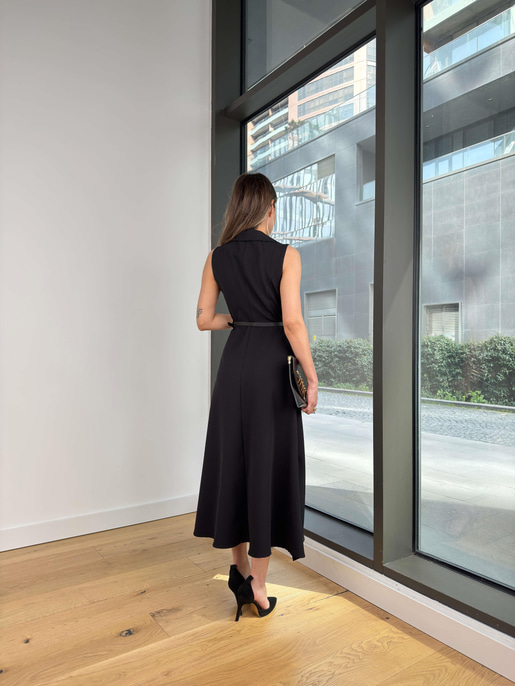 Kolsuz Kruvaze Yaka Beli Kemerli Plag Siyah Kadın Elbise 25Y211