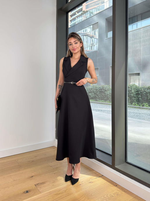 Kolsuz Kruvaze Yaka Beli Kemerli Plag Siyah Kadın Elbise 25Y211