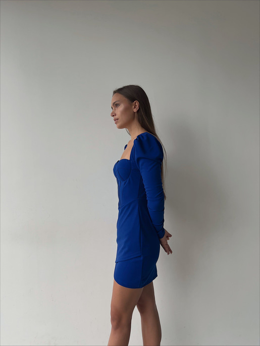 Korse Büzgülü Uzun Kol Göğüs Pedli Eteği Kruvaze Paul Kadın Saks Mini Elbise 23K000037