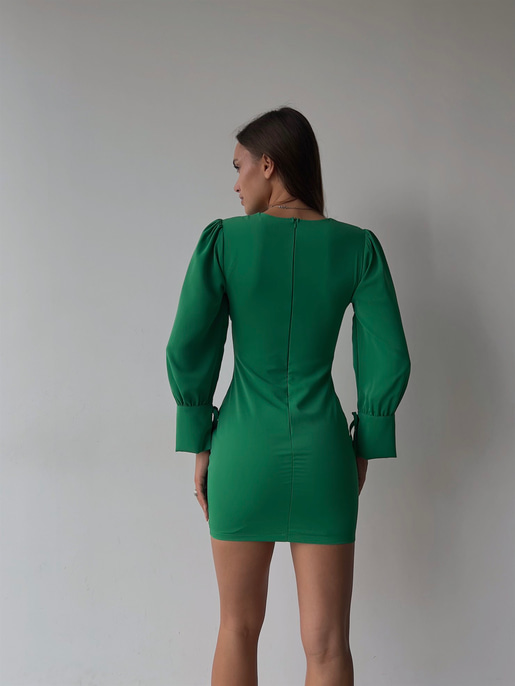 Korse Derin V Yaka Bağlama Detaylı Uzun Kol Reynold Kadın Yeşil Mini Elbise 23K000038