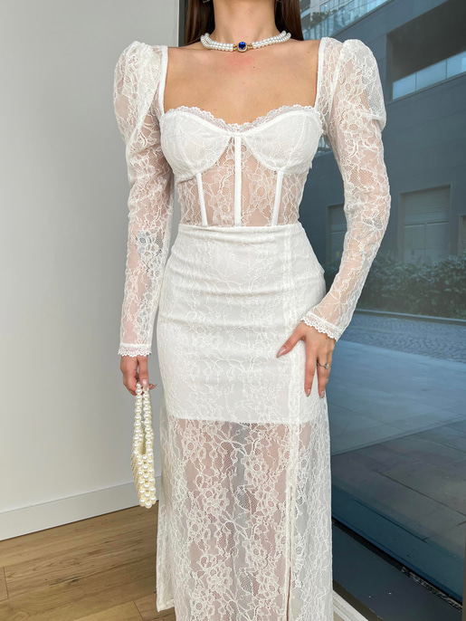 Korse Detaylı Transparan Yandan Yırtmaçlı Fernando Kadın Beyaz Elbise 24Y110