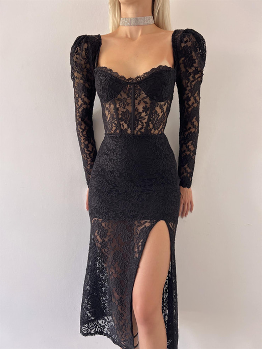 Korse Detaylı Transparan Yandan Yırtmaçlı Sion Kadın Siyah Midi Elbise 23Y000146