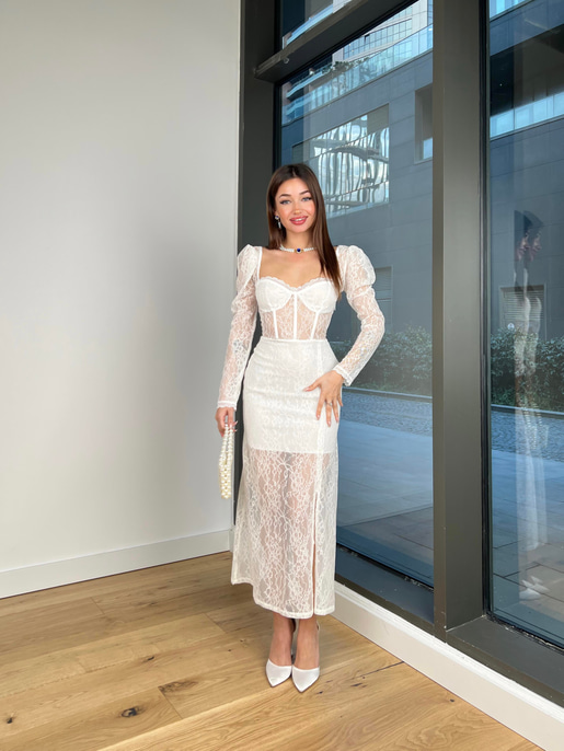 Korse Detaylı Transparan Yandan Yırtmaçlı Fernando Kadın Beyaz Elbise 24Y110