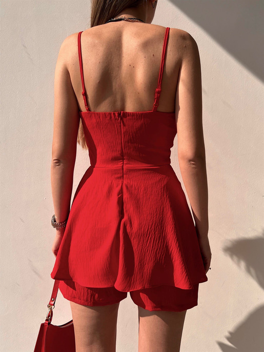 Korse Eteği Volanlı Delaney Kadın Kırmızı Şort Tulum 22Y000076