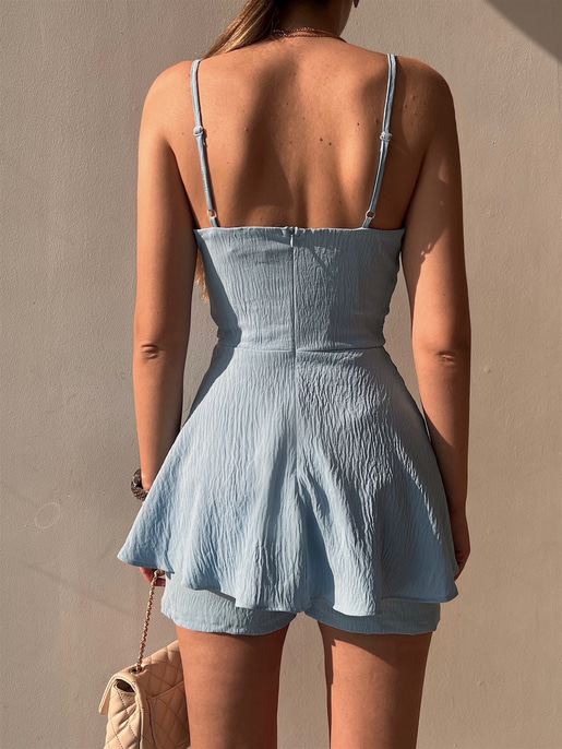 Korse Eteği Volanlı Delaney Kadın Mavi Şort Tulum 22Y000076