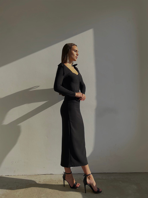 Korse Göğüs Pedli Omzu Bağlama Görünümlü Klaus Kadın Siyah Uzun Kol Midi Elbise 23K000034