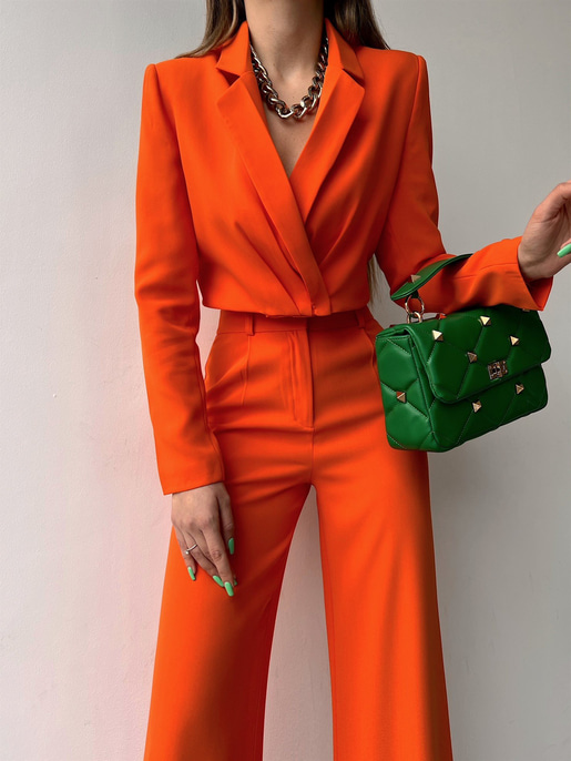 Kruvaze Beli Drapeli Alize Kadın Turuncu Crop Ceket 22Y000060