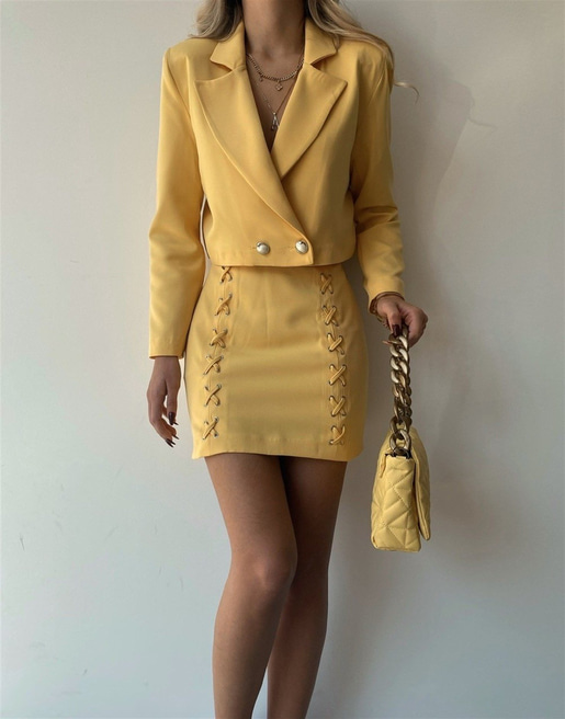 Kruvaze Kısa Ceket Mini Etek Brielle Kadın Sarı İkili Takım 22K000254