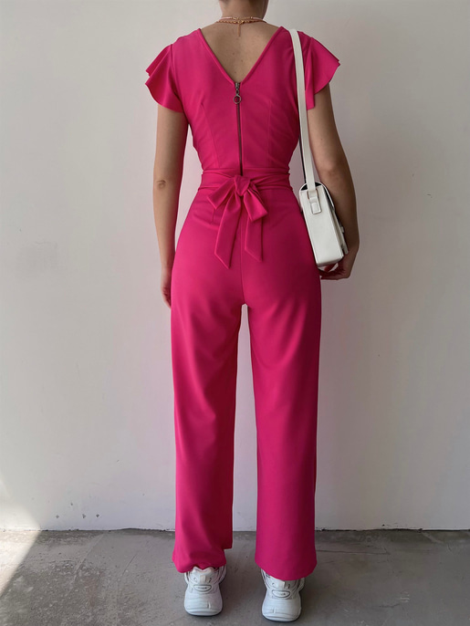 Kruvaze Yaka Arkası Bağcıklı Geniş Paça Kadın Pembe Tulum 21Y000315