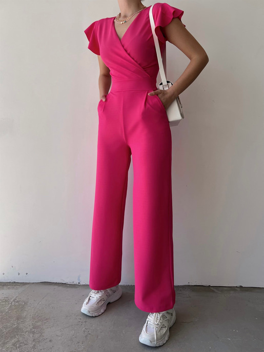 Kruvaze Yaka Arkası Bağcıklı Geniş Paça Kadın Pembe Tulum 21Y000315