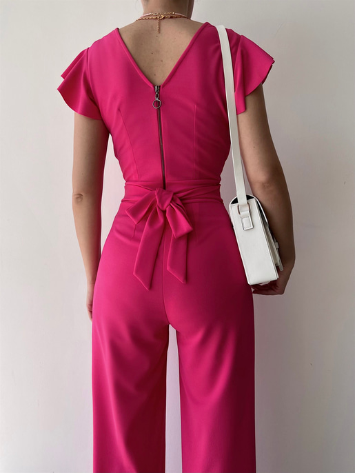 Kruvaze Yaka Arkası Bağcıklı Geniş Paça Kadın Pembe Tulum 21Y000315