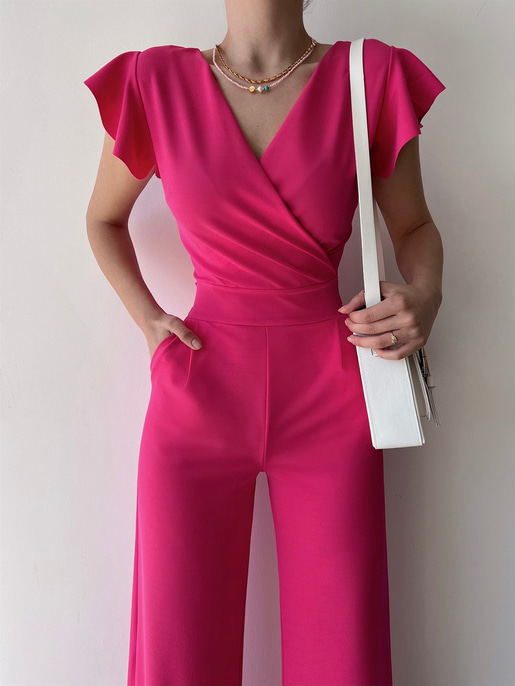 Kruvaze Yaka Arkası Bağcıklı Geniş Paça Kadın Pembe Tulum 21Y000315