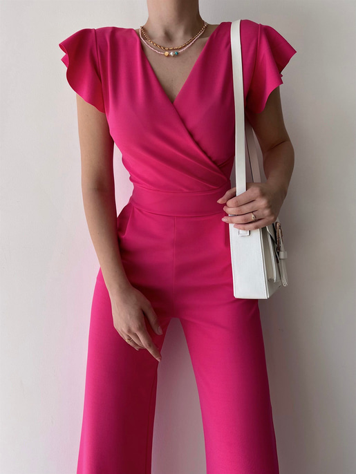 Kruvaze Yaka Arkası Bağcıklı Geniş Paça Kadın Pembe Tulum 21Y000315