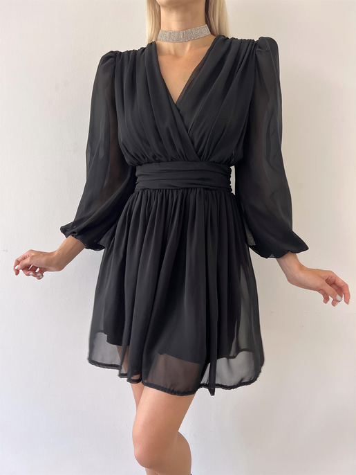 Kruvaze Yaka Belden Oturtmalı Vette Kadın Siyah Şifon Mini Elbise 23Y000075