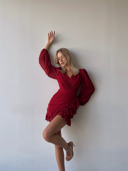 Kruvaze Yaka Drapeli Etek Kısmı Fırfırlı Amara Kadın Kırmızı Mini Elbise 22Y000015