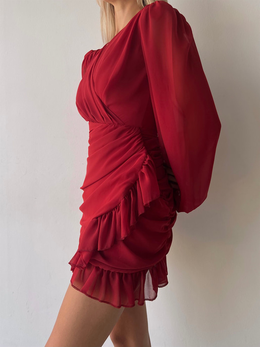 Kruvaze Yaka Drapeli Etek Kısmı Fırfırlı Amara Kadın Kırmızı Mini Elbise 22Y000015