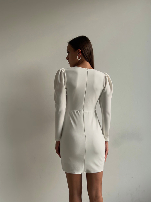 Kruvaze Yaka Eteği Drape Uzun Kol Boris Kadın Beyaz Mini Elbise 23K000031