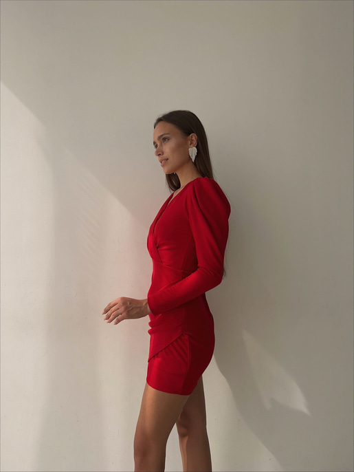 Kruvaze Yaka Eteği Drape Uzun Kol Boris Kadın Kırmızı Mini Elbise 23K000031
