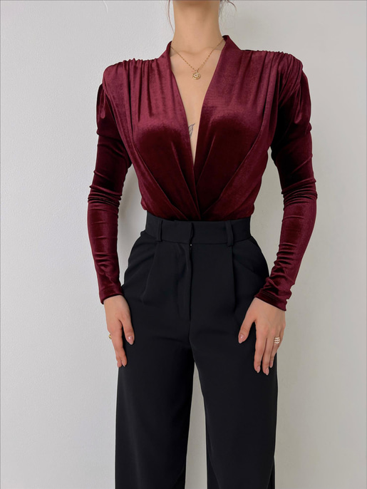 Kruvaze Yaka Kadife Uzun Kollu Cems Kadın Bordo Bodysuit 23K000353