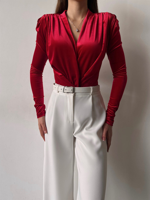 Kruvaze Yaka Kadife Uzun Kollu Cems Kadın Kırmızı Bodysuit 23K000353