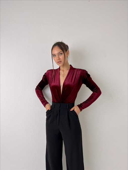 Kruvaze Yaka Kadife Uzun Kollu Cems Kadın Bordo Bodysuit 23K000353