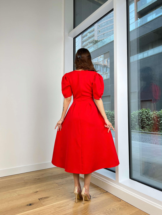 Kruvaze Yaka Önü Düğme Detaylı Balon Kol Klara Kadın Kırmızı Elbise 24Y605