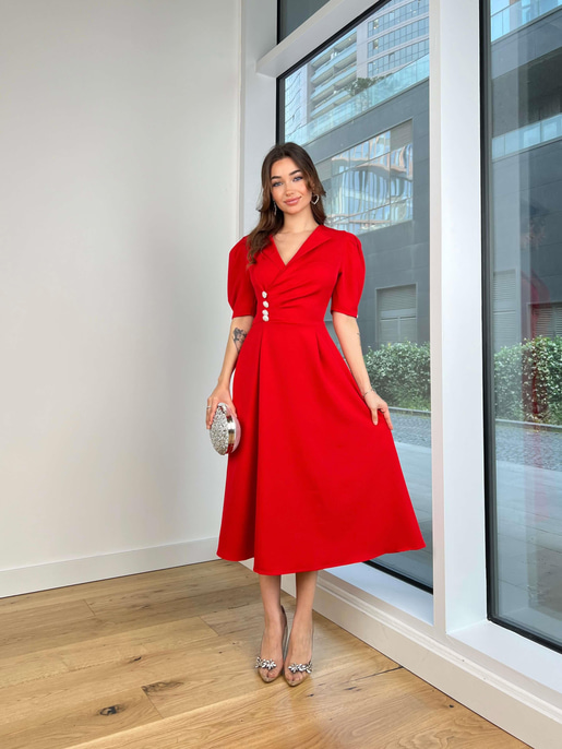 Kruvaze Yaka Önü Düğme Detaylı Balon Kol Klara Kadın Kırmızı Elbise 24Y605