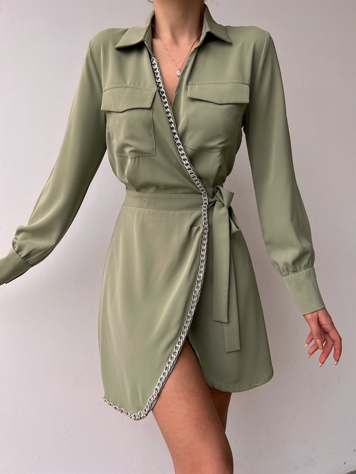 Kruvaze Yanları Zincir Detaylı Cadence Kadın Yeşil Gömlek Elbise 22Y000037