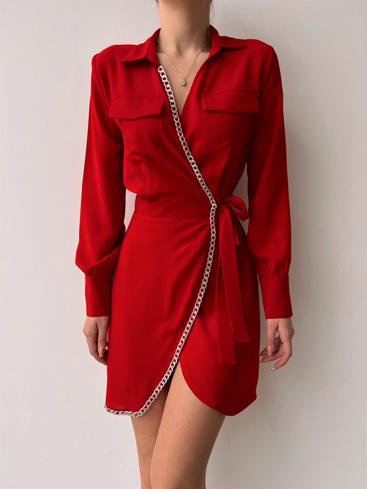 Kruvaze Yanları Zincir Detaylı Cadence Kadın Kırmızı Gömlek Elbise 22Y000037