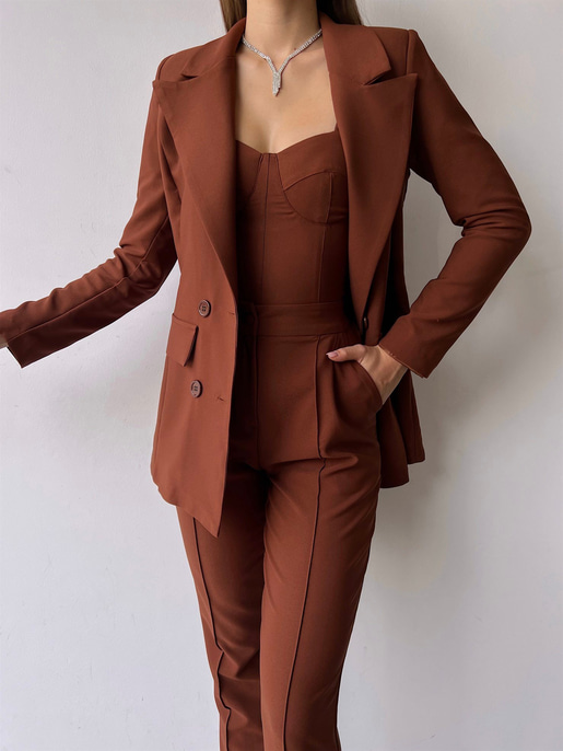 Kuplu Bluz Blazer Ceket & Pantolon Adelisa Kadın Kahve Üçlü Takım 22K000262