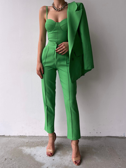 Kuplu Bluz Blazer Ceket & Pantolon Adelisa Kadın Yeşil Üçlü Takım 22K000262